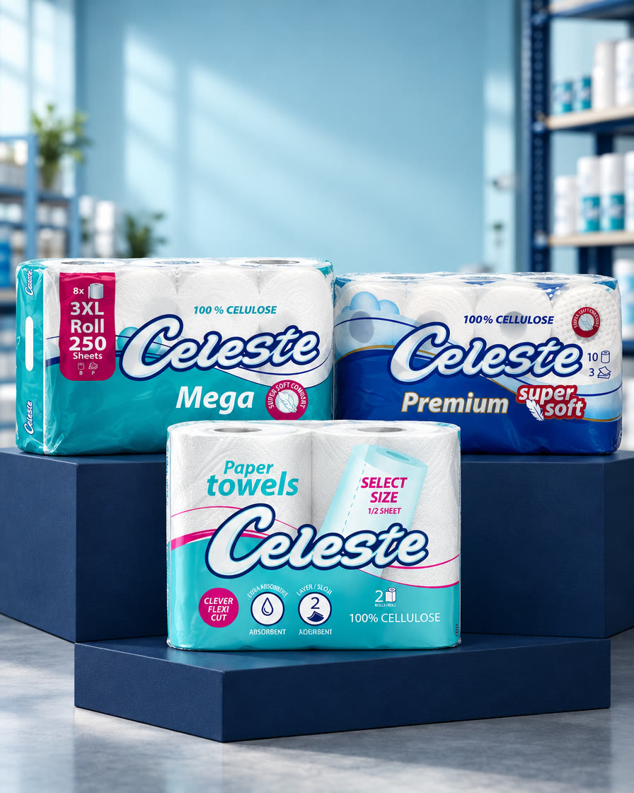 Celeste Mega, Premium Super Soft en Flexy Cut papierproducten in een campagnebeeld